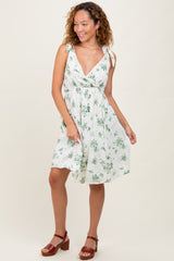 Ivory Green Floral Knotted Wrap V-Neck Dress