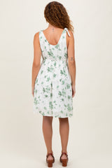 Ivory Green Floral Knotted Wrap V-Neck Dress