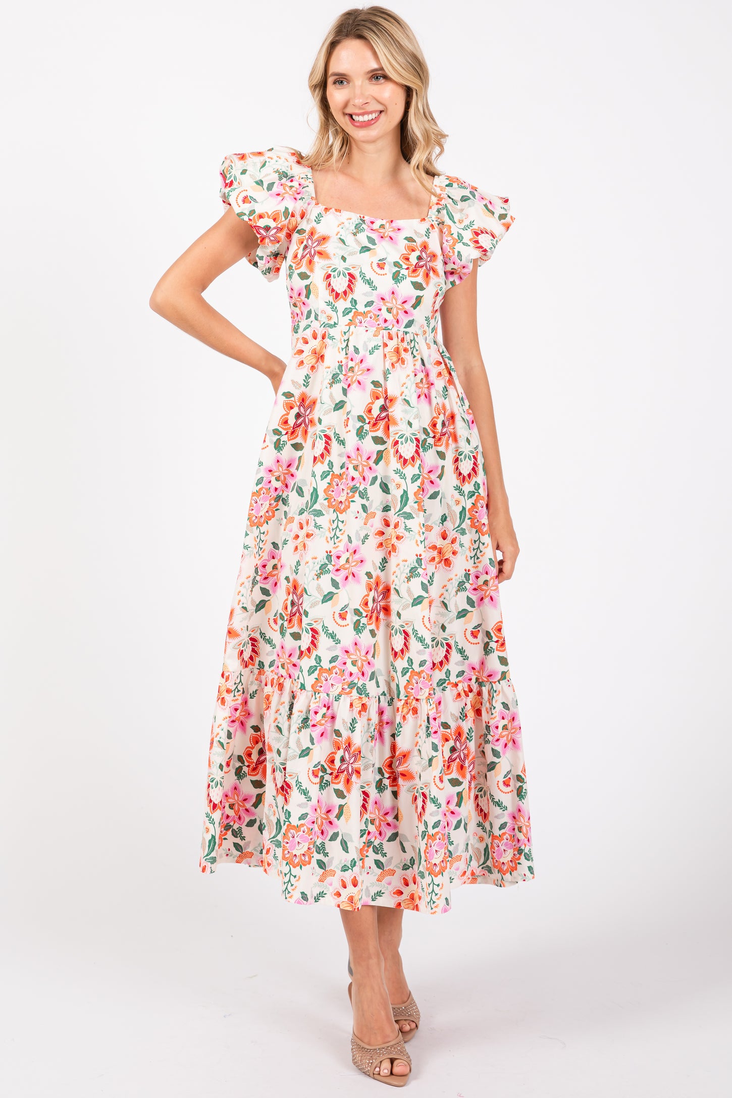 Cream Floral Square Neck Puffy Sleeves Maternity Dress