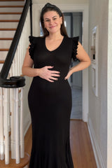 Black Ruffle Sleeve Mermaid Hem Maternity Midi Dress