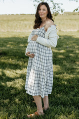 Ivory Plaid Shoulder Tie Maternity Midi Dress