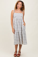 Ivory Plaid Shoulder Tie Midi Dress