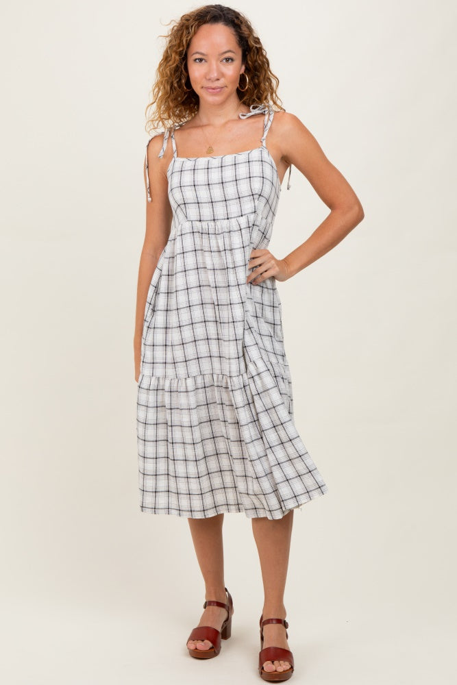 Ivory Plaid Shoulder Tie Midi Dress