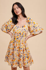 Multicolor Floral Print Puff Sleeve Dress