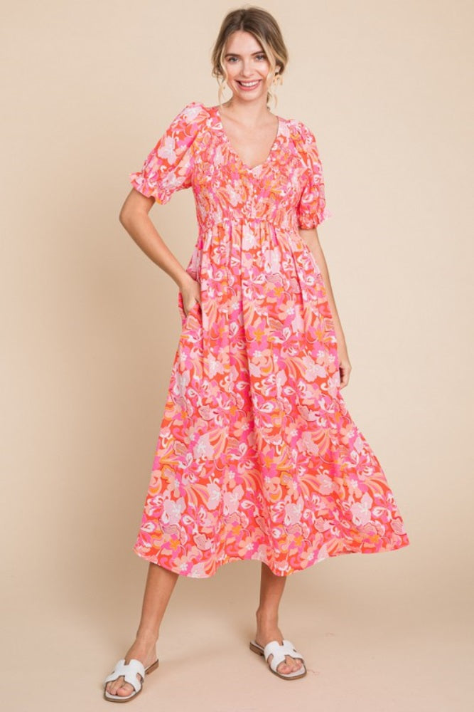 Fuchsia Floral Smocked Ruffle Short Sleeve Maternity Midi Dress