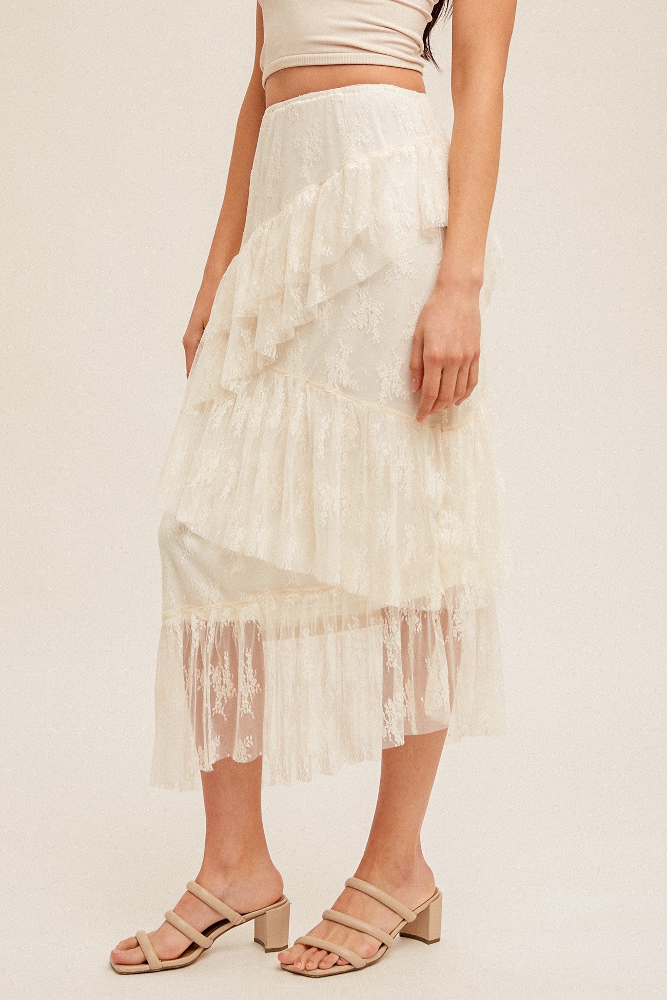 Cream Asymmetrical Tiered Lace Skirt