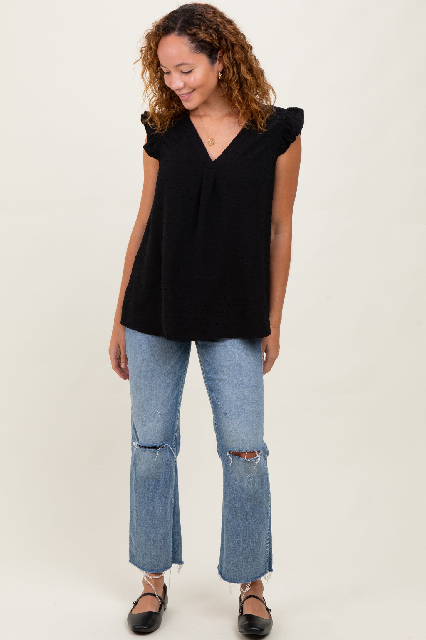 Black Swiss Dot Flutter Sleeve V-Neck Top