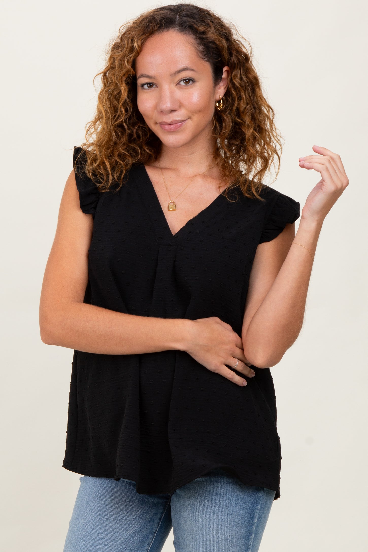 Black Swiss Dot Flutter Sleeve V-Neck Top