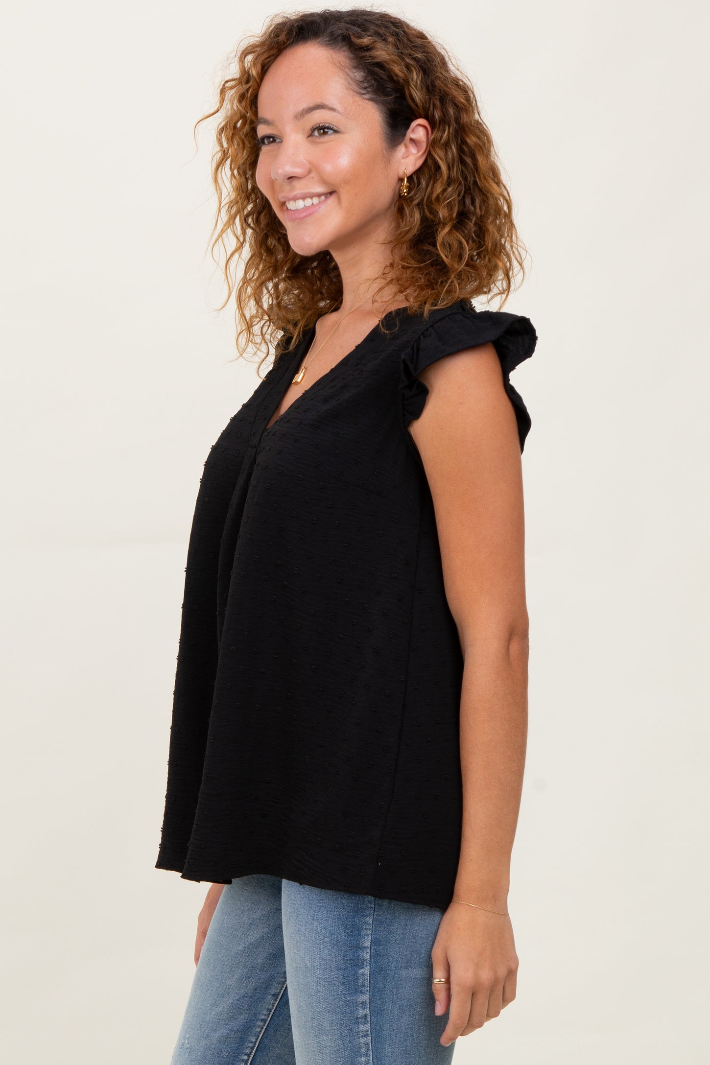 Black Swiss Dot Flutter Sleeve V-Neck Top