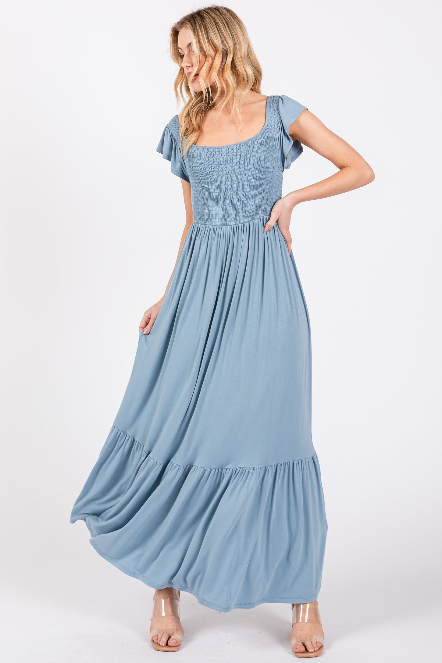 Light Blue Smocked Ruffle Hem Maternity Maxi Dress
