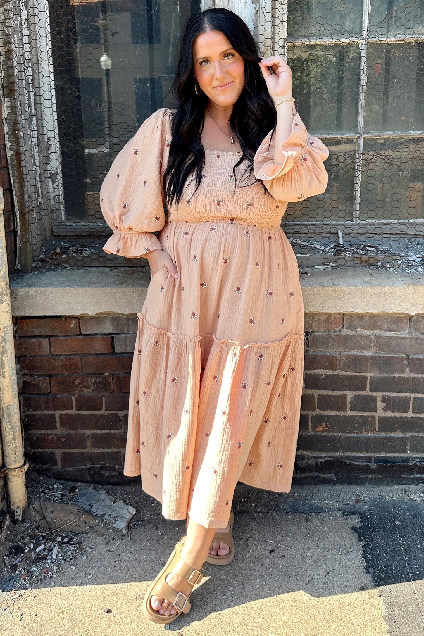 Blush Ditzy Floral Embroidery Puff Sleeve Maxi Dress