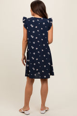 Navy Blue Floral Ruffle Cap Sleeve Maternity Dress