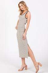 Cream Striped Cutout Cross Back Side Slit Midi Dress