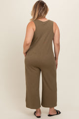 Olive Ribbed Button Front Sleeveless Plus Maternity Jumpsuit