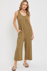 Olive Ribbed Button Front Sleeveless Maternity Jumpsuit