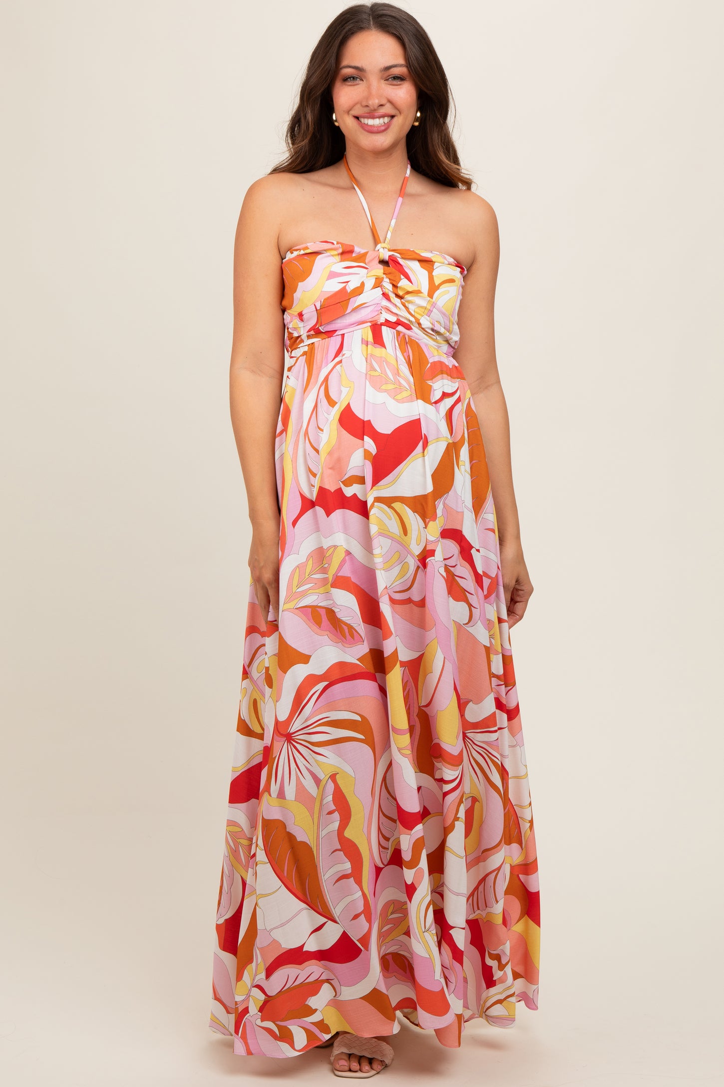 Pink Abstract Print Halter Maternity Maxi Dress