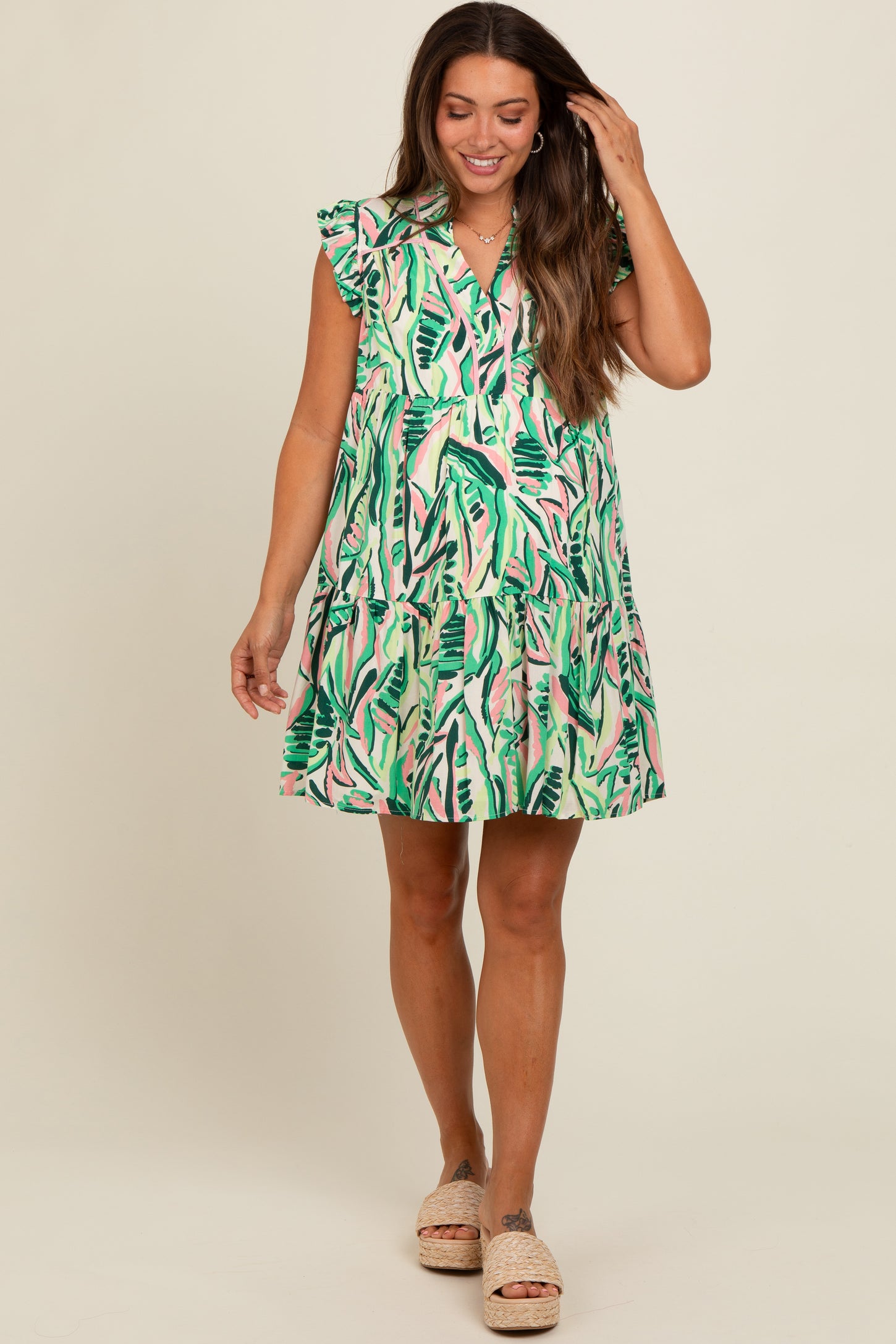 Green Printed Ruffle Sleeve Maternity Dress