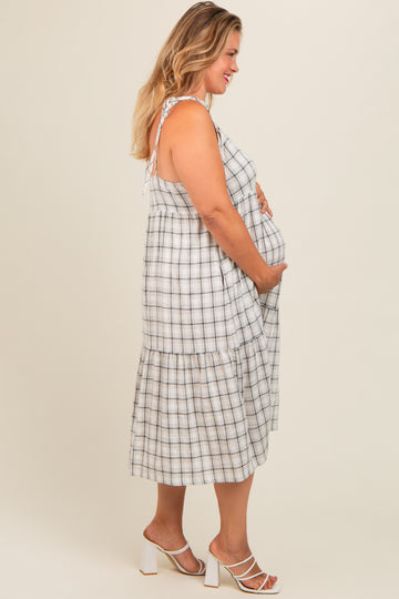 Ivory Plaid Shoulder Tie Maternity Plus Midi Dress