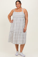 Ivory Plaid Shoulder Tie Plus Midi Dress