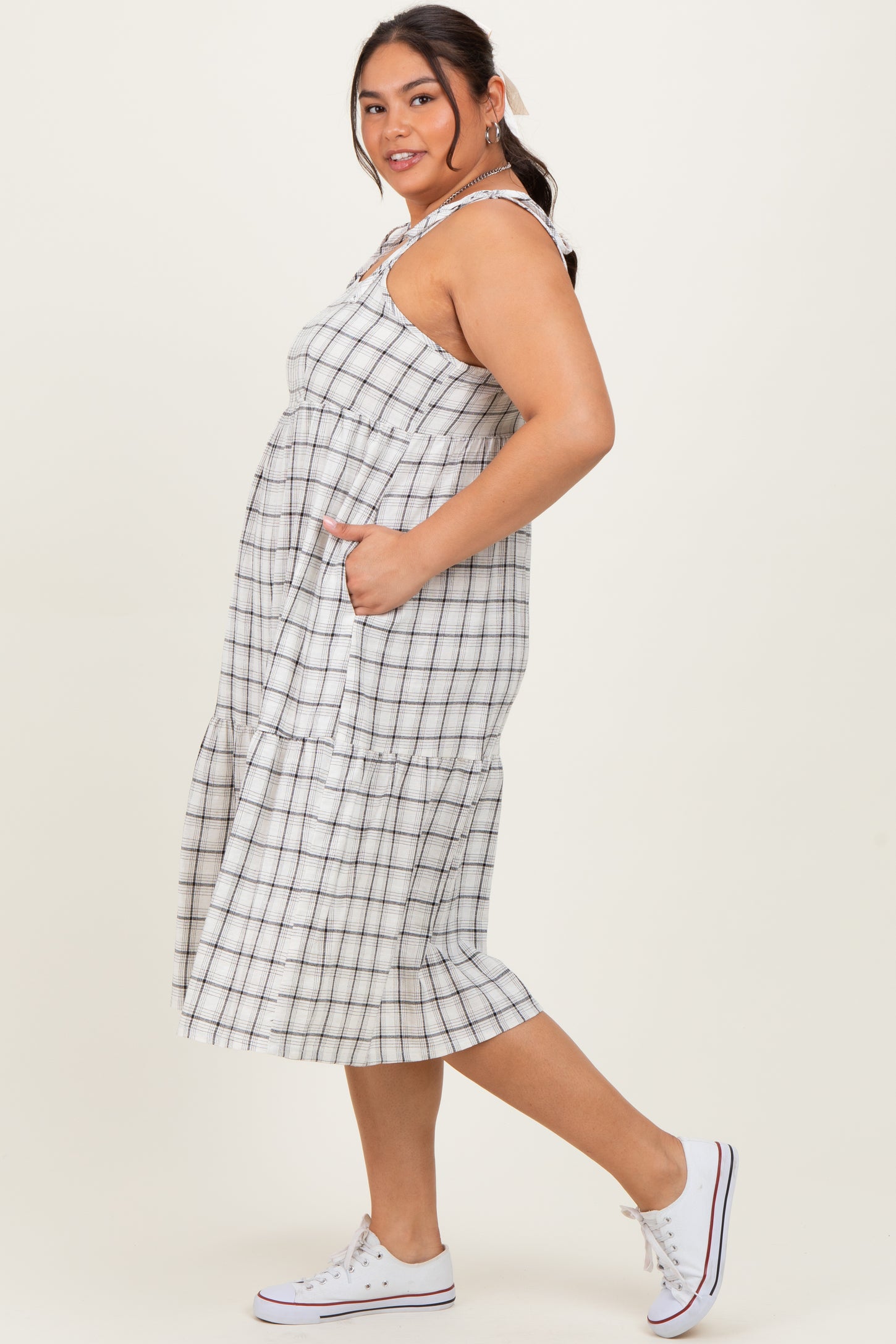 Ivory Plaid Shoulder Tie Plus Midi Dress