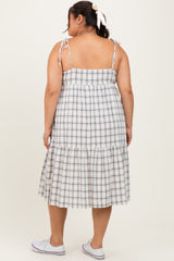 Ivory Plaid Shoulder Tie Plus Midi Dress