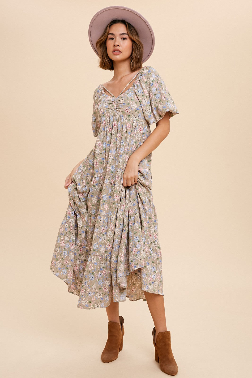 Beige Floral Ruched Strappy V-Neck Front Puff Short Sleeve Maternity Midi Dress