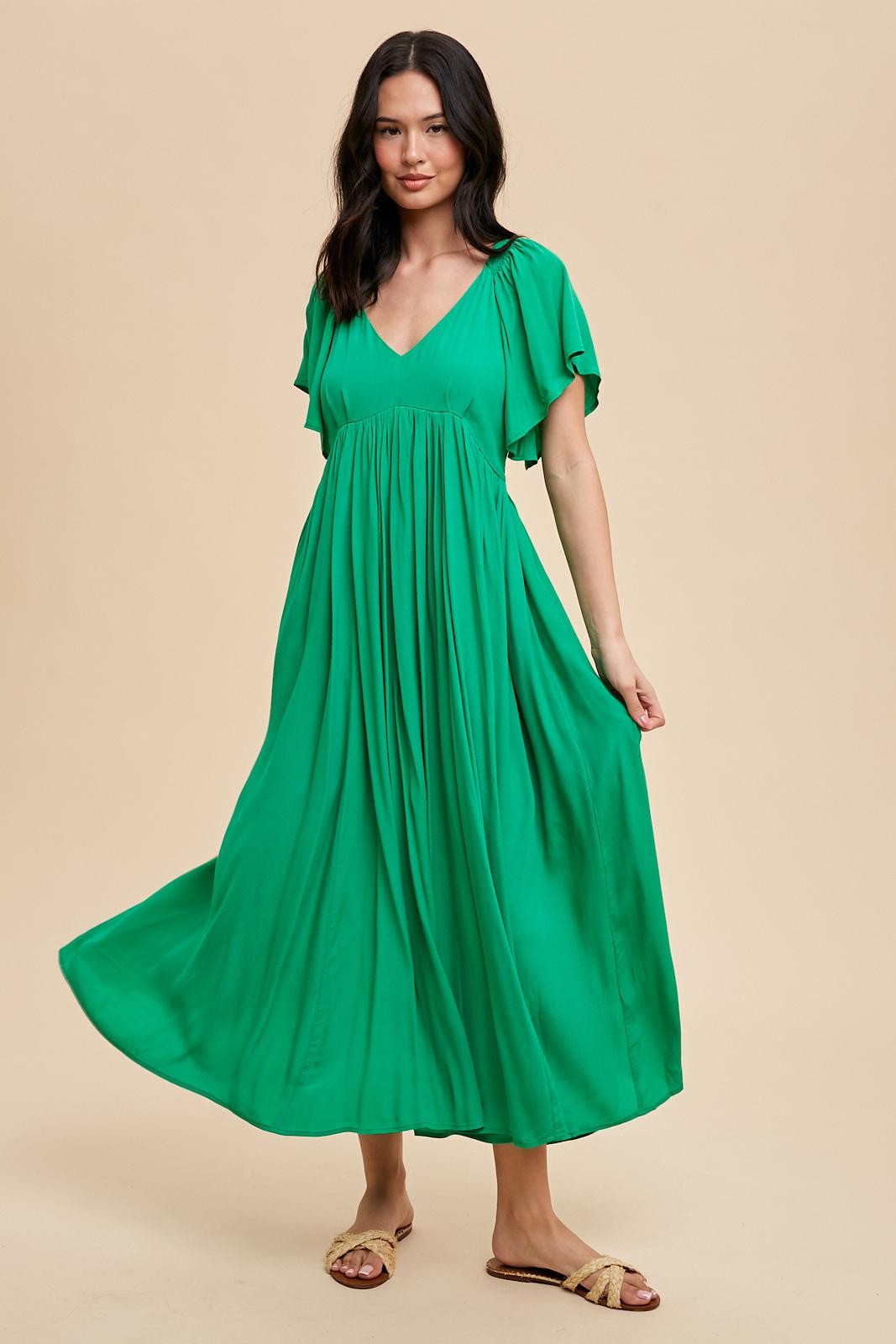 Green V-Neck Flutter Short Sleeve Maternity Midi Dress
