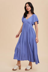 Blue V-Neck Flutter Short Sleeve Midi Dress