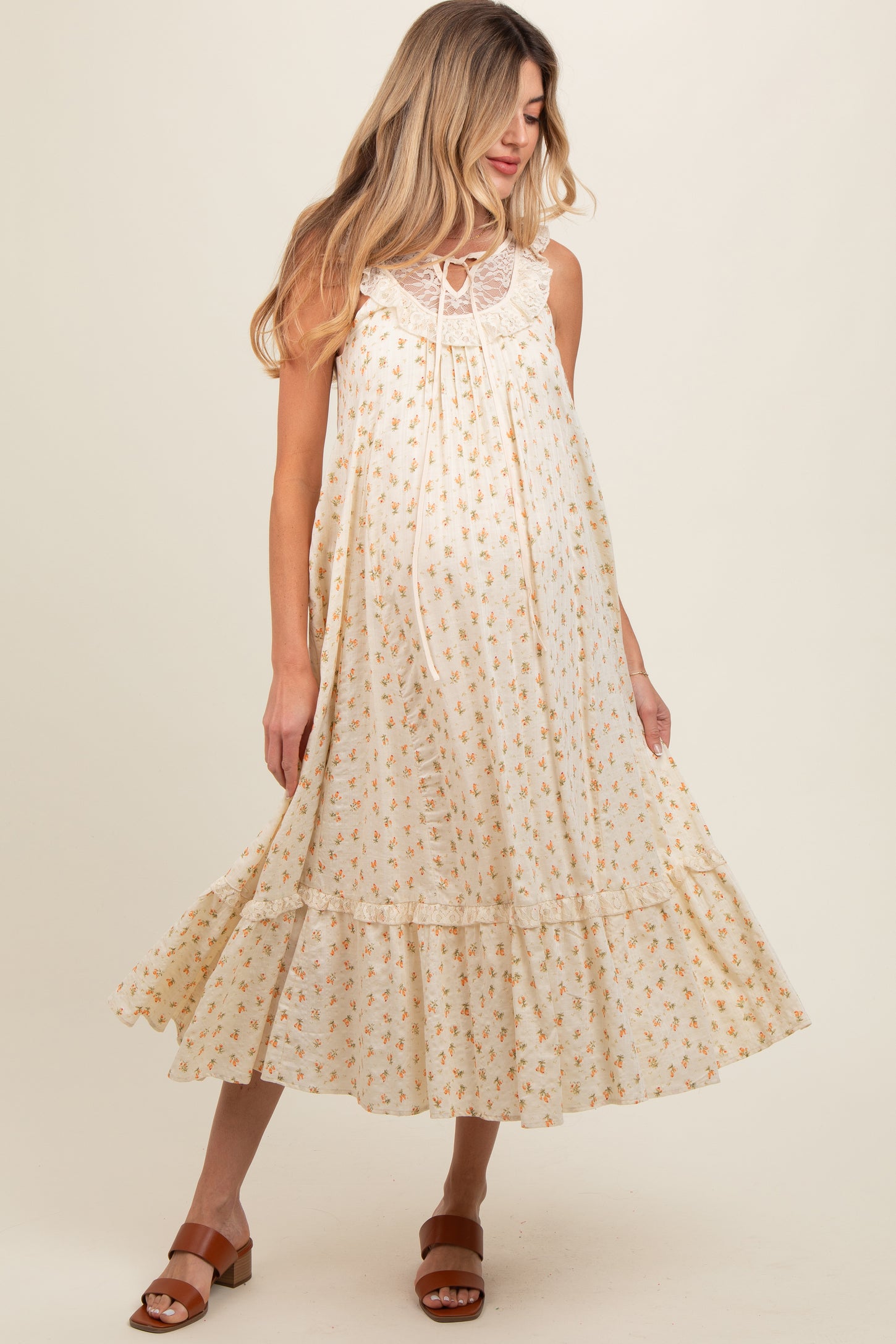 Cream Floral Lace Top Ruffle Hem Maternity Midi Dress