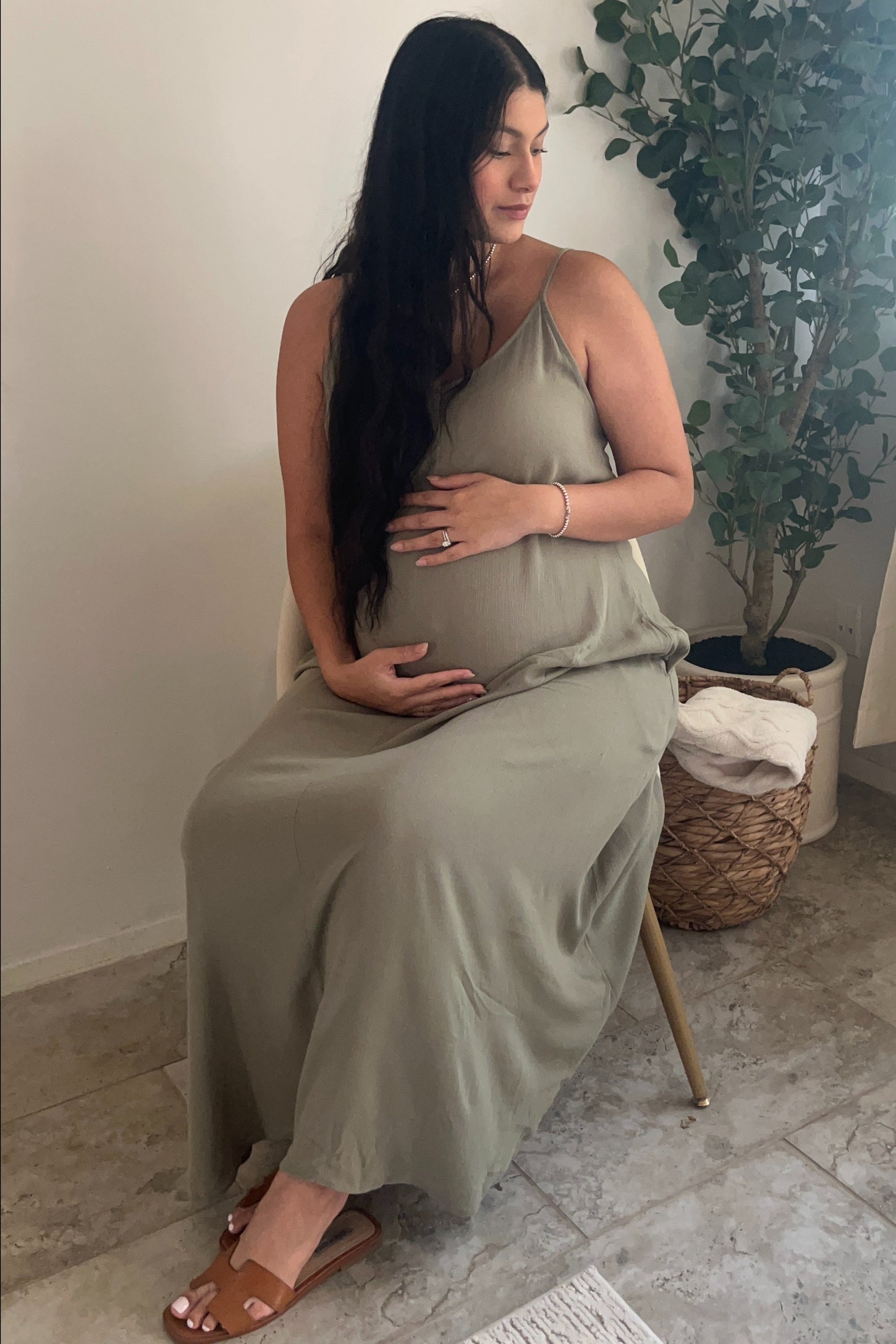 Light Olive Lightweight Sleeveless V-Neck Maternity Maxi Dress