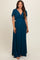 Navy Blue V-Neck Drawstring Short Sleeve Side Slit Maternity Maxi Dress