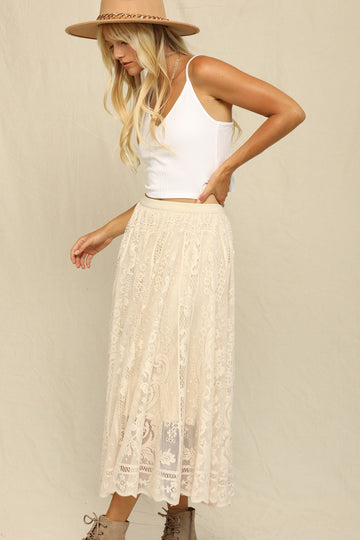 Cream Floral Lace Long Skirt