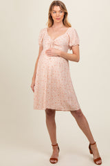 Salmon Floral V-Neck Front Tied Maternity Dress