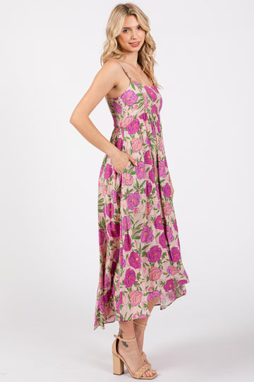 Pink Floral Hi-Lo Sleeveless Midi Dress