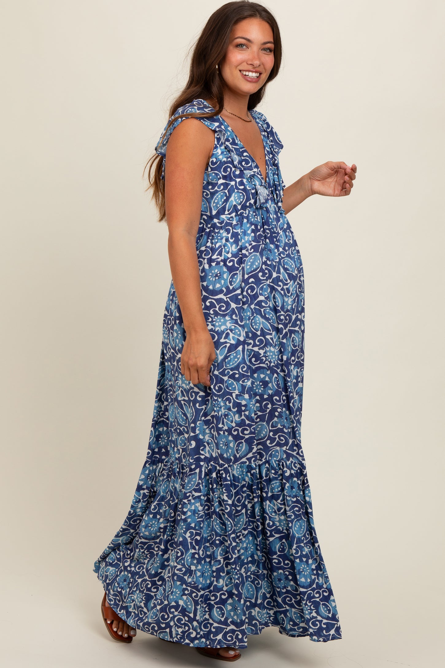 Blue Abstract Floral Ruffle Accent Maternity Maxi Dress