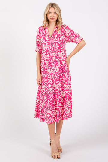 Fuchsia Floral V-Neck Tiered Midi Dress