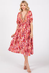 Orange Embroidered V-Neck Short Pom Sleeve Maternity Midi Dress