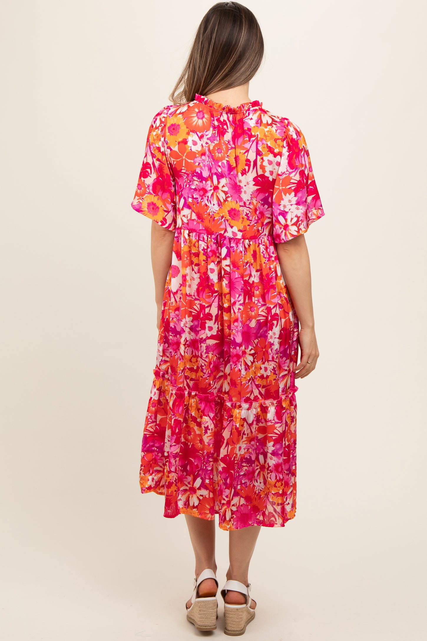Pink Floral Satin Ruffle Short Flutter Sleeve Maternity Midi Dress