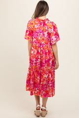 Pink Floral Satin Ruffle Short Flutter Sleeve Maternity Midi Dress