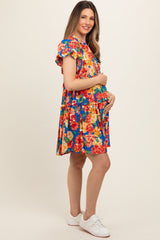 Blue Floral Ruffle Tiered V-Neck Maternity Dress
