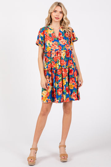 Blue Floral Ruffle Tiered V-Neck Dress