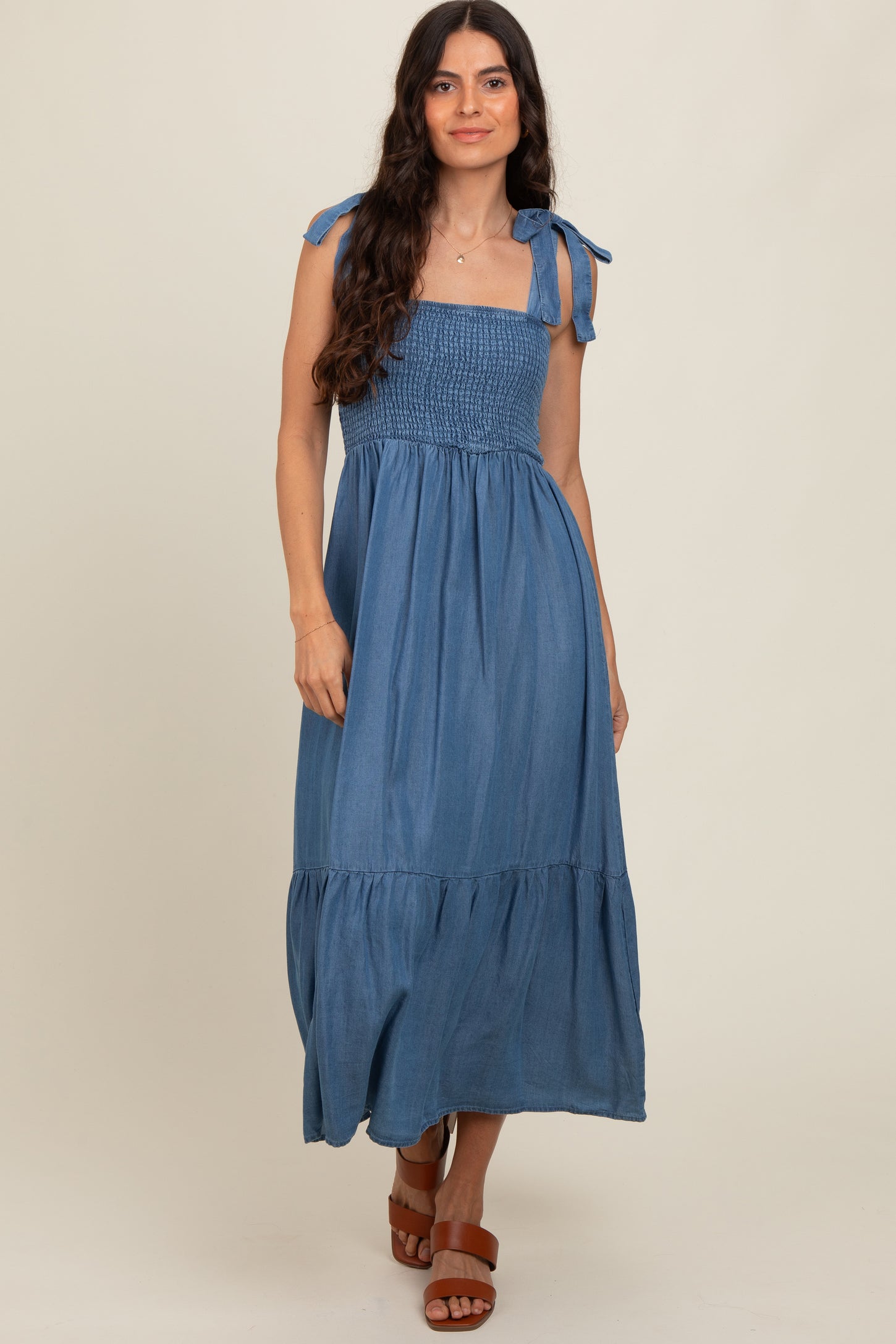 Blue Chambray Smocked Square Neck Shoulder Tie Midi Dress