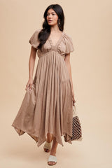 Taupe Deep V-Neck Puff Short Sleeve Asymmetrical Hem Midi Dress