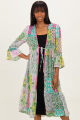 Green Floral Paisley Metallic Striped Tie Front Cover Up