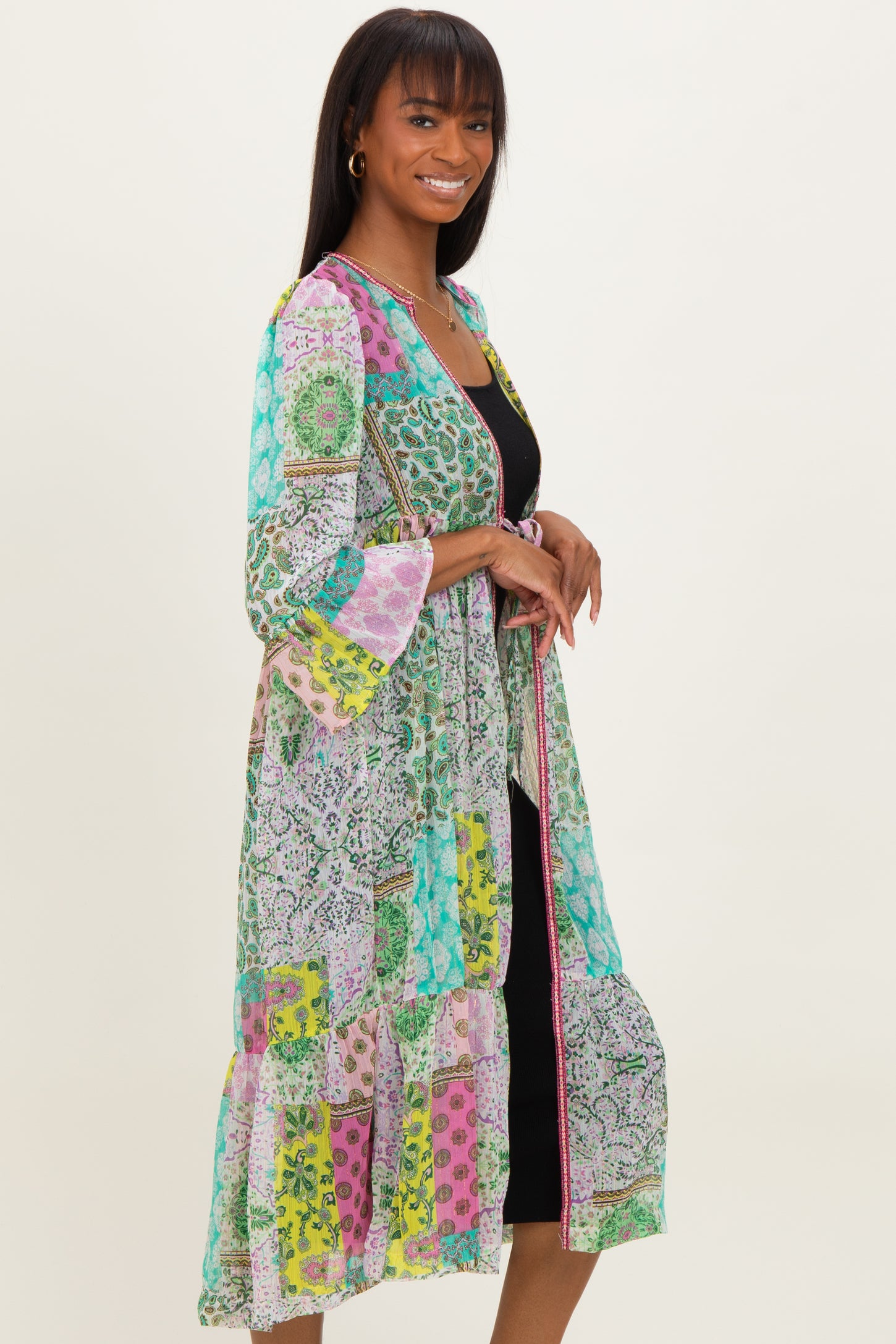 Green Floral Paisley Metallic Striped Tie Front Cover Up