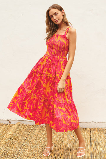 Coral Tropical Smocked Ruffle Tiered Midi Dress