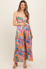 Orange Floral Front Twist Maternity Jumpsuit
