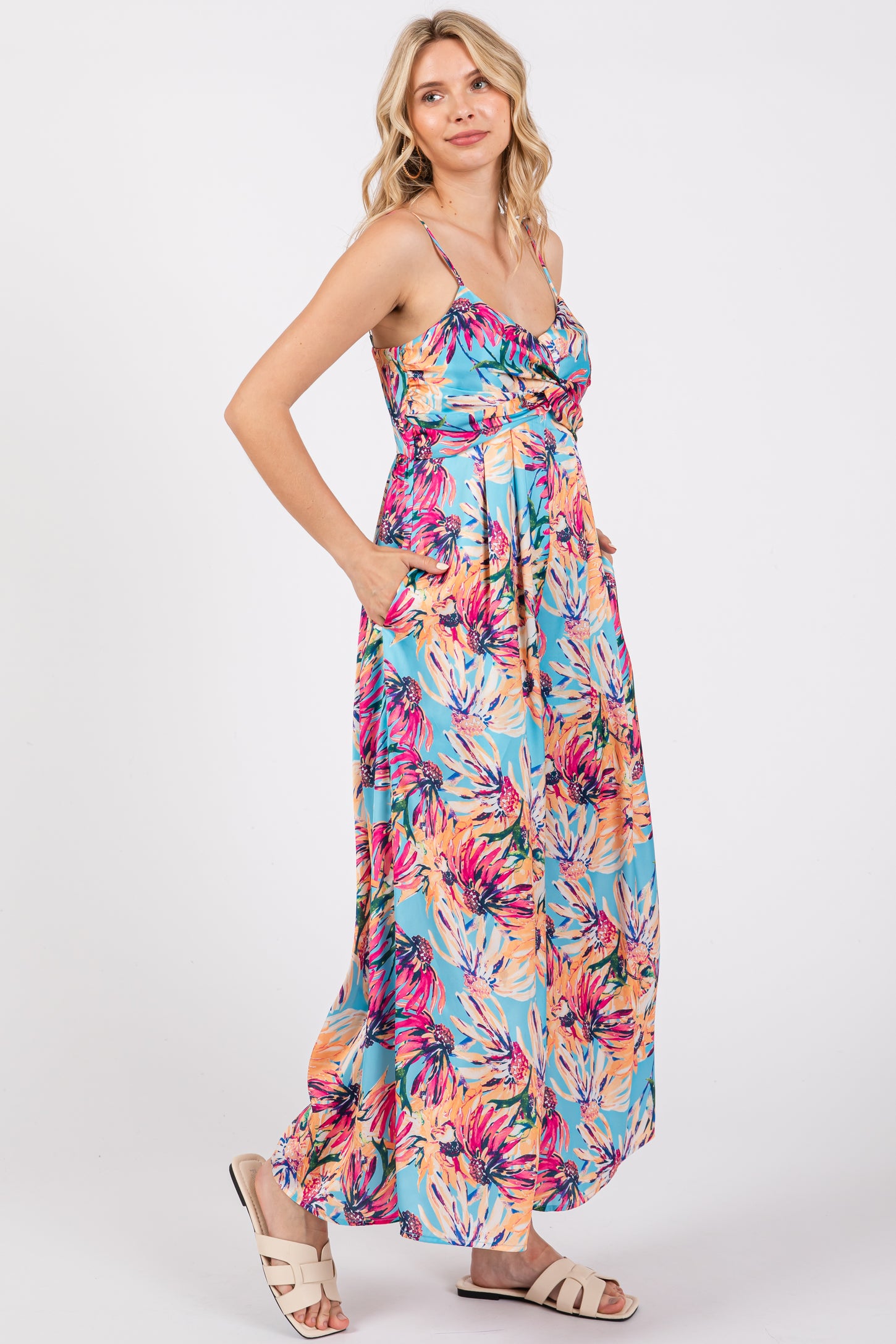 Light Blue Floral Front Twist Jumpsuit