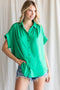 Green Satin Button Front Collared Short Sleeve Top
