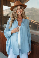 Blue Long Sleeve Collared Button Down Maternity Shirt